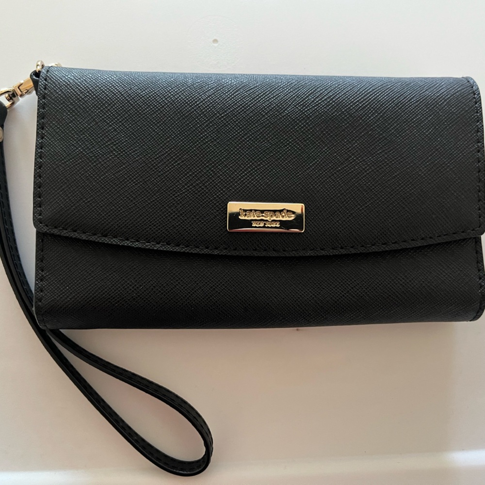 kate spade Black Saffiano Leather Wristlet Card Holder with Gold Hardware